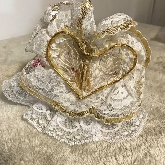 Vintage Lace Angel Tree Topper With Gold Accents & Pink Ribbon 5 Inches Tall - Picture 4 of 8